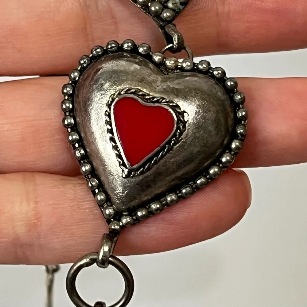 Vintage Silver Red Puffy Hearts Bracelet